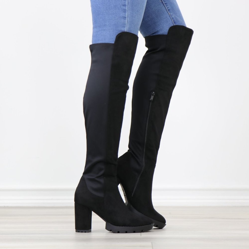 Black Faux Suede Round Toe Thigh High Over The Knee Lug Block Heel Boots - Picture 2 of 14
